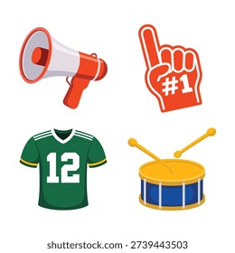 Game day fan gear vector set with jersey, foam finger, megaphone, snare drum, team spirit icons for sport event design