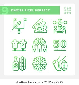 Game day gradient linear vector icons set. Cheerleading. Goal and kickoff. Team spirit. American football match. Thin line contour symbol designs bundle. Isolated outline illustrations collection