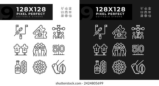 Iconos lineales del día del juego fijados para el modo oscuro, claro. Porrista. Gol y saque inicial. Espíritu de equipo. Partido de fútbol americano. Símbolos de línea fina para el tema de noche, día. Ilustraciones aisladas Trazo editable