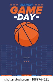 Game Day. Playoff grid, tournament bracket. March basketball playoff. Super sport party in United States. Final games of season tournament. Professional team championship. Ball for basketball. Vector