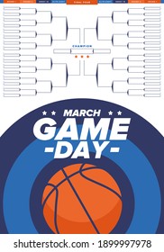 Game Day. Playoff grid, tournament bracket. March basketball playoff. Super sport party in United States. Final games of season tournament. Professional team championship. Ball for basketball. Vector