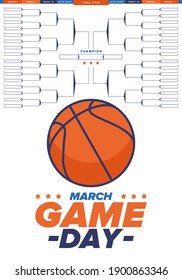 Game Day. Playoff grid, tournament bracket. March basketball playoff. Super sport party in United States. Final games of season tournament. Professional team championship. Ball for basketball. Vector