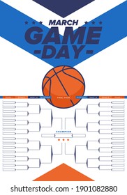 Game Day. Playoff grid, tournament bracket. March basketball playoff. Super sport party in United States. Final games of season tournament. Professional team championship. Ball for basketball. Vector