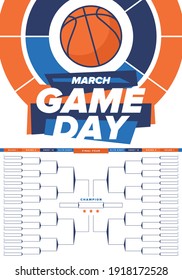 Game Day. Playoff grid, tournament bracket. March basketball playoff. Super sport party in United States. Final games of season tournament. Professional team championship. Ball for basketball. Vector