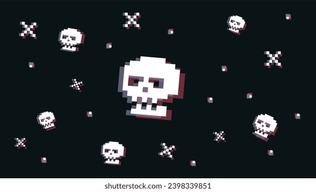 Game death vector illustration. Scary human skull in pixel style with glitch effects for online gaming, arcades. Template background for website for stream in retro style. You lose, game over. 