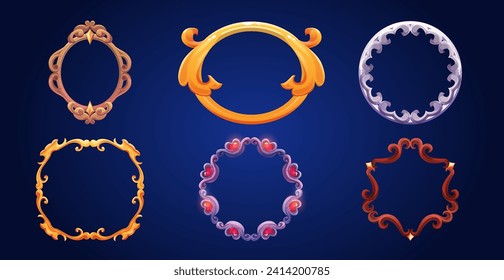 Game decorative frames with vintage florish ornament and gem stones. Cartoon vector illustration set of metal and wood circle borders. Fantasy royal round golden, silver and wooden badge with jewelry.