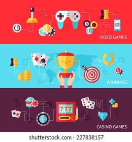Game design banner set with casino fortune winning video isolated vector illustration