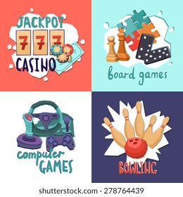 Game design concept with casino computer board games and bowling isolated vector illustration