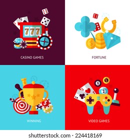 Game design flat concept set with casino fortune winning video isolated vector illustration
