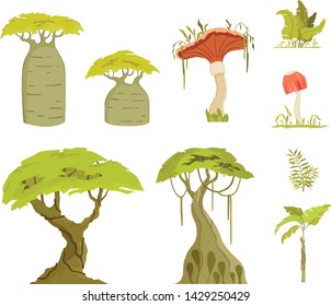Game design forest collection in vector. Tropical trees set. Jungle elements