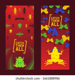 Game design with frog for computer or phone vector illustration, gaming background for application with amphibian animal. Game play where you catch beetle, ant, mosquitoes, cockroach and dragonfly.