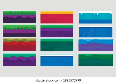 Game design ground tiles. Soil layers vector isometric set. Platforms set of different textures of soil. Nature stone, ice, landscape style interface, rock, water layers.  Objects for a pixel game. 