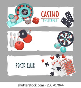 Game design horizontal banner set with casino bowling ping-pong darts pool and poker isolated vector illustration