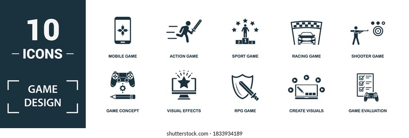 Game Design icon set. Collection of simple elements such as the game concept, visual effects, rpg game, create visuals. Game Design theme signs.