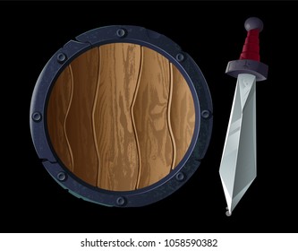 Game design icon for viking or medieval topic. Round big ancient armour shield with old metal sharp sword, weapon for strong warrior. Modern vector style illustration realistic draw.