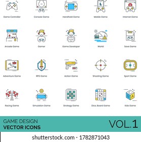 Game design icons including controller, console, handheld, mobile, internet, arcade, gamer, developer, world, save, adventure, RPG, action, shooting, sport, racing, simulation, strategy, board, kids.