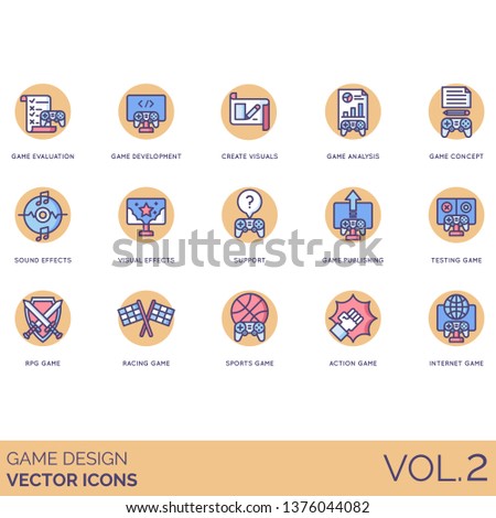 Game design icons including evaluation, development, create visual, analysis, concept, sound effects, support, publishing, testing, RPG, racing, sports, action, internet.