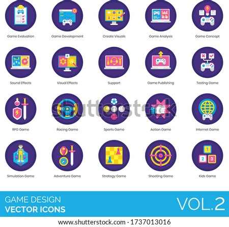 Game design icons including evaluation, development, create visual, analysis, concept, sound effects, support, publishing, testing, RPG, racing, sports, action, adventure, strategy, shooting, kids.