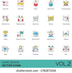 Game design icons including life, heart rate, mana potion, crossing swords, shield, armor, protective wear, king crown, treasure map, trophy, capture the flag, space helmet, mission, flagship, quest.