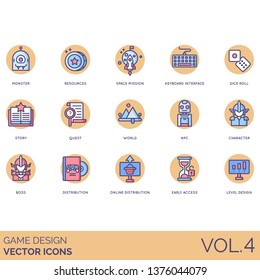 Game design icons including monster, resources, space mission, keyboard interface, dice roll, story, quest, world, NPC, character, boss, online distribution, early access, level.