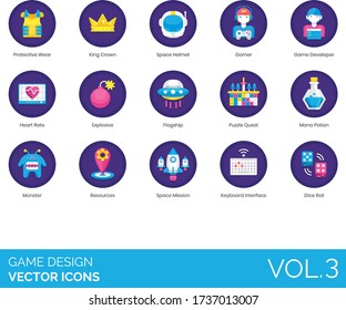 Iconos de diseño de juegos que incluyen desgaste protector, corona real, casco espacial, jugador, desarrollador, frecuencia cardíaca, explosivo, insignia, búsqueda de rompecabezas, poción de maná, monstruo, recursos, misión, interfaz de teclado.