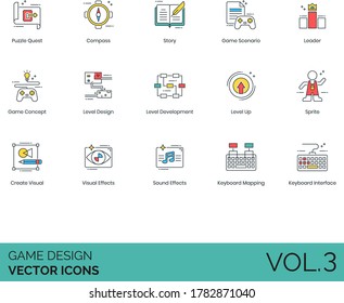 Game design icons including puzzle quest, compass, story, scenario, leader, concept, development, level up, sprite, create visual, sound effect, keyboard mapping, interface.