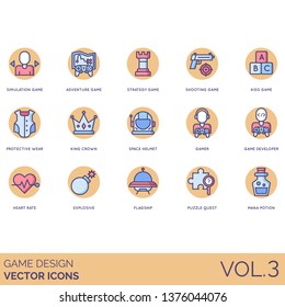 Game design icons including simulation, adventure, strategy, shooting, kids, protective wear, king crown, space helmet, gamer, developer, heart rate, explosive, flagship, puzzle quest, mana potion.