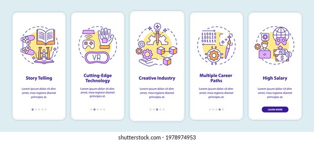 Game design industry benefits onboarding mobile app page screen with concepts. Story Telling walkthrough 5 steps graphic instructions. UI vector template with RGB color illustrations