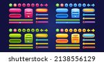 Game design interface with glossy buttons and panels. Vector cartoon set of ui elements different colors, circle buttons with icons, bars, sliders, arrows and login frame