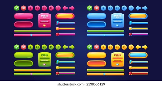 Game design interface with glossy buttons and panels. Vector cartoon set of ui elements different colors, circle buttons with icons, bars, sliders, arrows and login frame - Shutterstock ID 2138556129