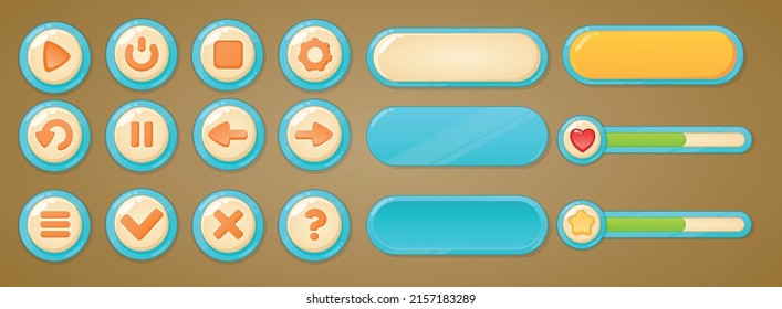 Game design interface with glossy buttons. Vector cartoon set of ui elements different colors, circle buttons with icons, bars, sliders, arrows and login frame