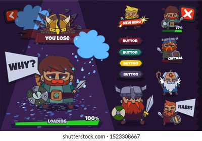 Game design interface for mobile app, cartoon style illustration. Vikings characters icons. Vector objects