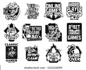 Game design logo set collection of video game geek culture gamer elements bundle. Vector illustration for print design apparel poster. Joystick game controller VR glasses lettering old game machine.