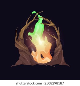 Game design magic portal for teleportation and leveling up. Vector isolated magical gates, entrance with wooden branches or trees, flames and tongues of fire. Traveling in other far worlds