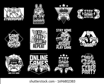 Game design, mascot sport logo set collection of video game, geek culture, gamer elements bundle. Vector illustration for print design apparel poster. Joystick game controller VR glasses lettering.