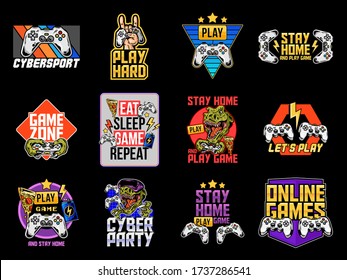 Game design, mascot sport logo set collection of video game, geek culture, gamer elements bundle. Vector illustration for print design apparel poster. Joystick game controller VR glasses lettering.