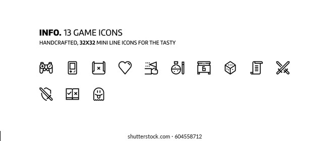 Game design mini line, illustrations, icons, backgrounds and graphics. The icons pack is black and white, flat, vector, pixel perfect, minimal, suitable for web and print.