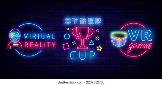 Game design neon emblems collection. VR games in circle frame. Cyber cup. Virtual reality badges set. Shiny banners. Vector stock illustration