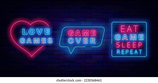 Game design neon labels collection. Love game sign. Speech bubble frames. Eat, sleep, repeat emblem. Virtual reality badges set. Shiny banners. Vector stock illustration