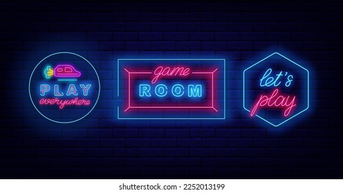 Game design neon labels collection. Play everywhere sign. Geometric frames. Game room night emblem. Virtual reality badges set. Shiny banners. Vector stock illustration