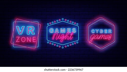 Game design neon signs collection. VR zone sign. Retro frames with circles. Cyber games night emblem. Virtual reality badges set. Shiny banners. Vector stock illustration