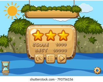 Diseño de juegos con océano y montañas como fondo