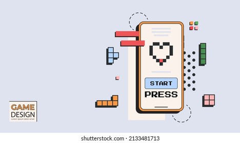 Game design retro style landing page. Mobile application interface template. Modern vector flat illustration.