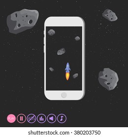 Game design - space landscape, with asteroids stone. Button play, pause, achievements, background music, sound. UI for game mobile. 