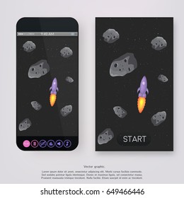 Diseño de juegos - paisaje espacial, con piedra de asteroides y cohete. Juego de botones, pausa, logros, música de fondo, sonido. UI para el móvil del juego.