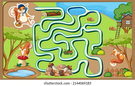 Game design with squirrel and treehouse illustration