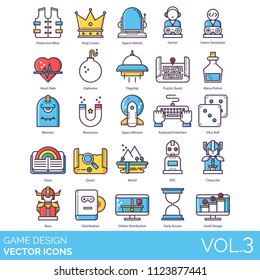 Game design vector icons. Protective wear, king crown, space helmet, developer, heart rate, explosive, flagship, quest, mana potion, monster, mission, keyboard interface, story, npc, character, level.