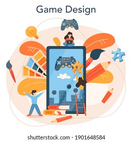 Game designer concept. Creative process of a computer video game building and development. Digital technology, programming and codding. Isolated flat vector illustration