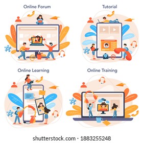 Game designer online service or platform set. Creative process of a computer video game building and development. Online forum, tutorial, learning, training. Isolated flat vector illustration