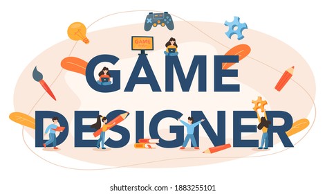 Game designer typographic header. Creative process of a computer video game building and development. Digital technology, programming and codding. Isolated flat vector illustration